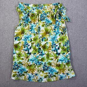 LOFT Sleeveless Blouse Women's XS Green Blue Floral Tie Neck Bow